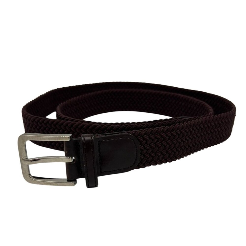 Mens Braided Elastic Buckle Belt Brown Classic Silver Hardware Stretch Large